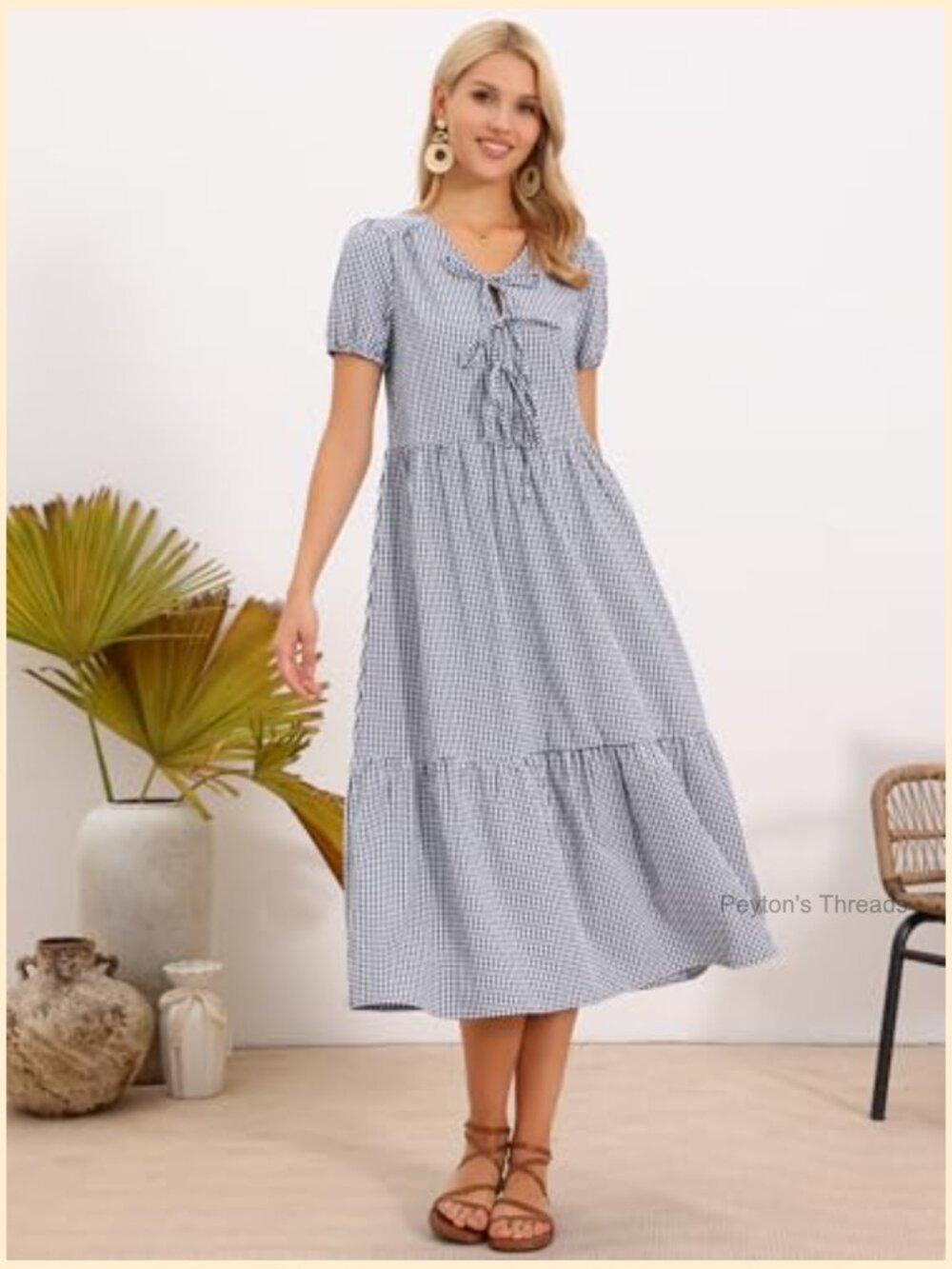 Gingham Midi Dress with Tie Front Short Sleeve Flowy Beach Dress - Picture 5 of 6